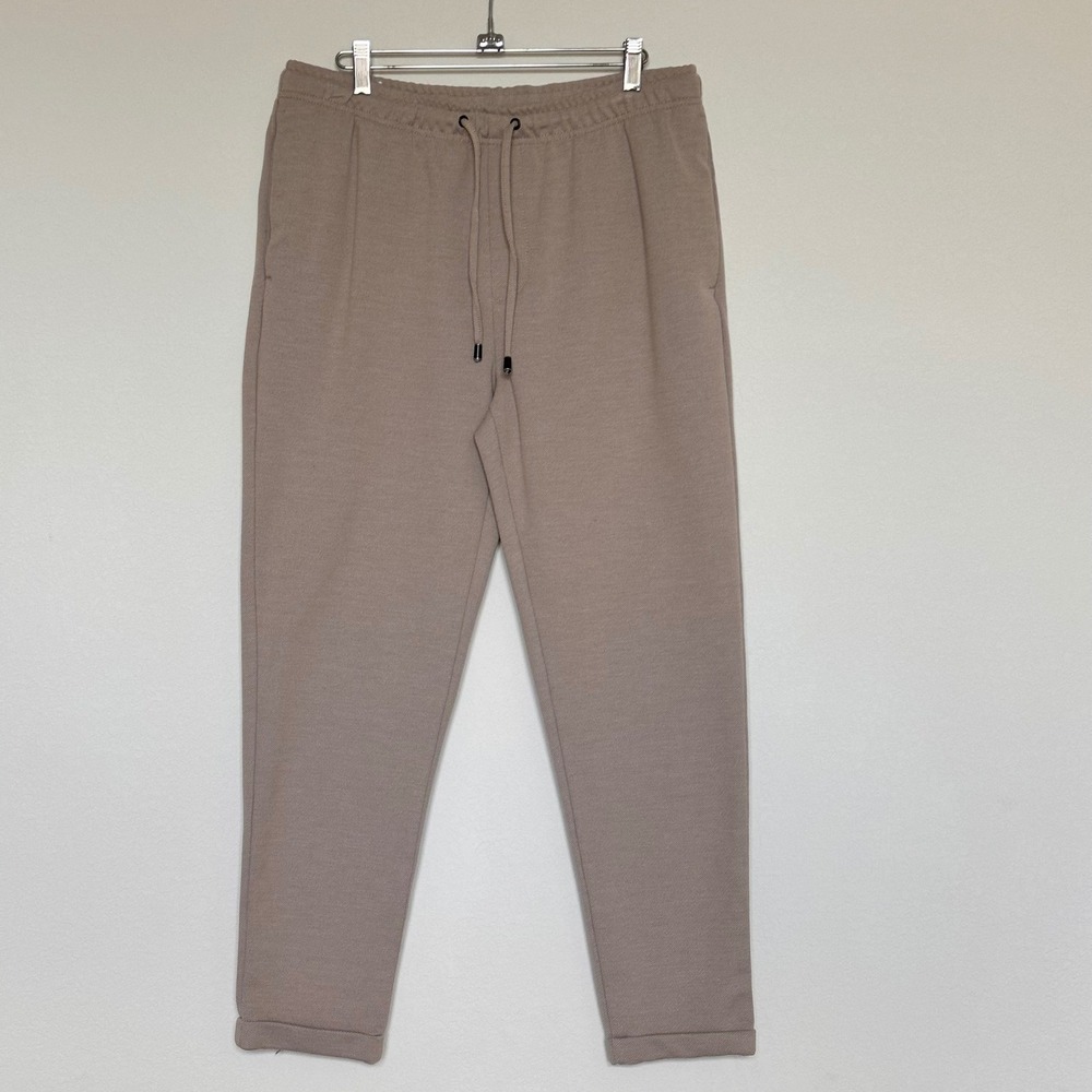 Zara Mens Textured Knit Joggers Taupe Beige Slim Fit Cuffed Pants Large